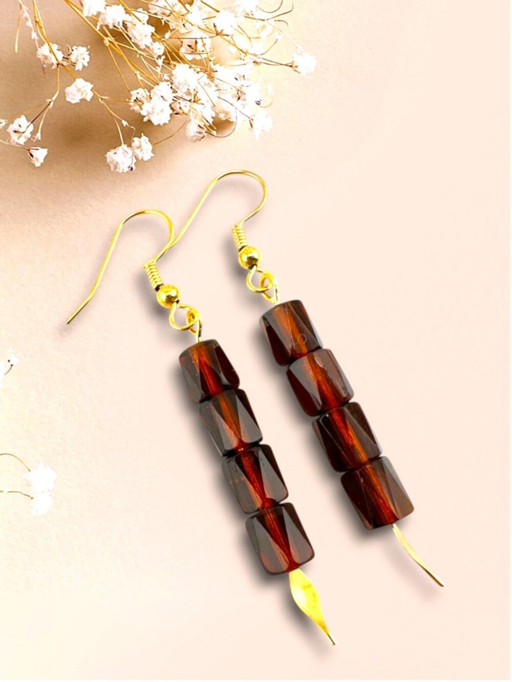 Dark Topaz Dangle Earrings Faceted Czech Glass Bead Drops Gold Plated Minimalist